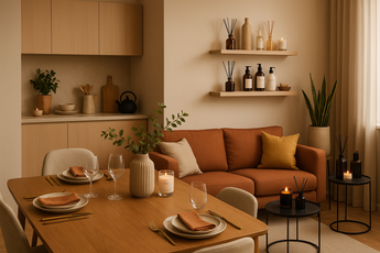 an image of a stylish living/dining room for a shop the look section which features products in Tableware, Kitchenware, Home Fragrance, Vases & Planters, Bath & Body