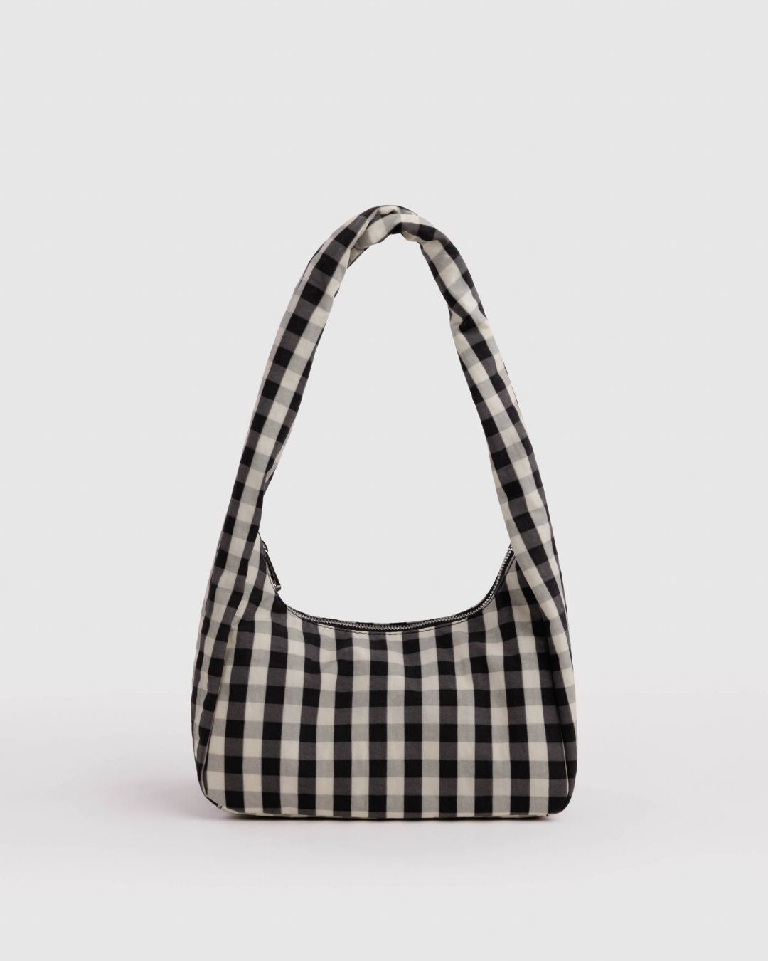 Baggu Meringue Bag Small - Black and Cream Gingham. Checkered nylon shoulder bag.