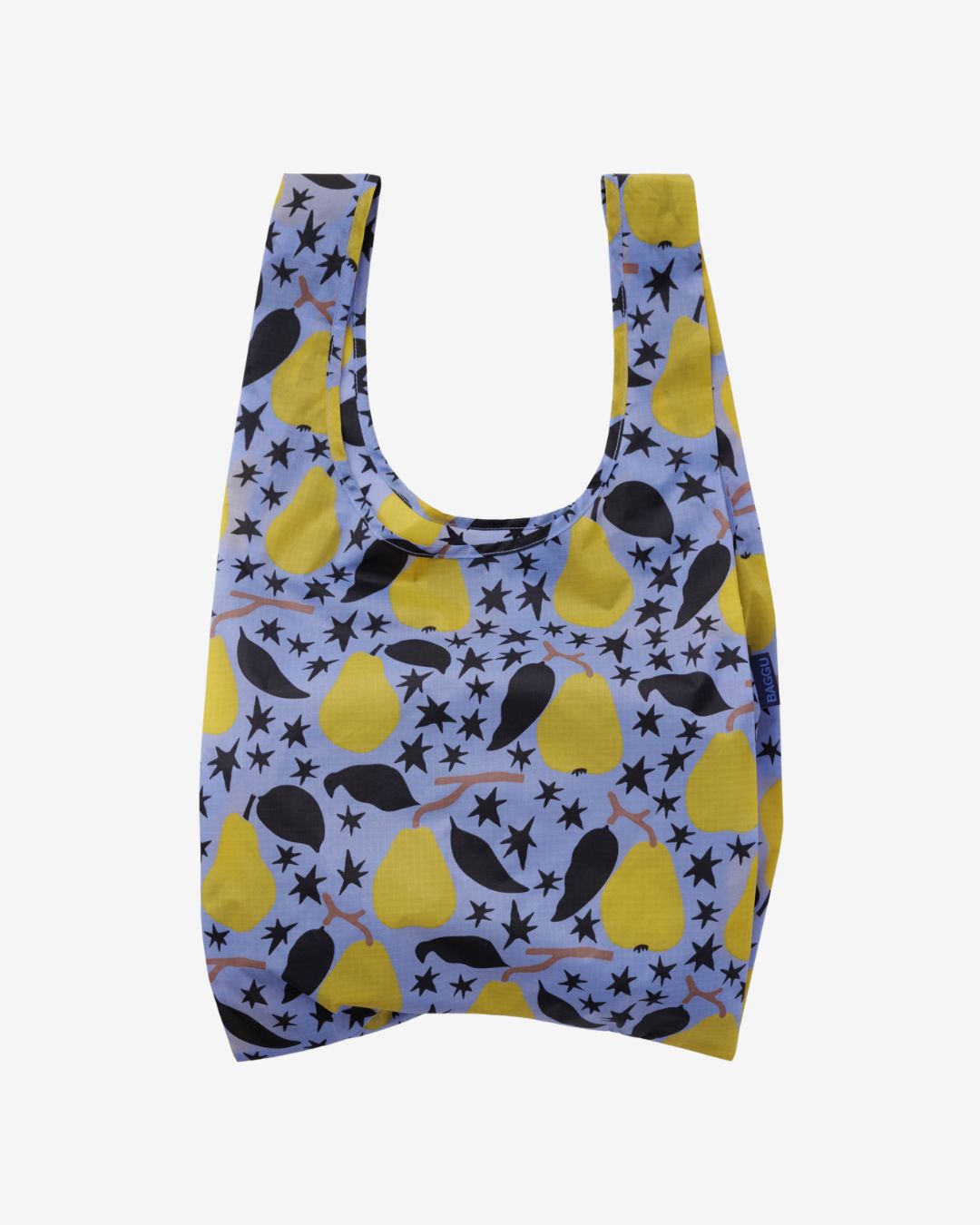 Baggu Standard Bag - Golden Pears. Reusable shopping tote with light purple background, black leaves and stars, and yellow pears.