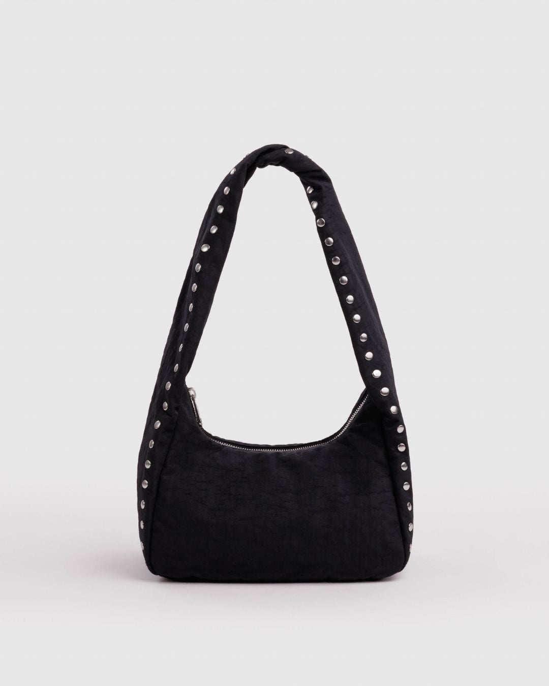 Baggu Meringue Bag Small - Studs. Black nylon shoulder bag with silver studs running up the side seams and handle. 