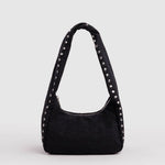 Baggu Meringue Bag Small - Studs. Black nylon shoulder bag with silver studs running up the side seams and handle. 