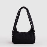 Baggu Meringue Bag Small - Studs. Black nylon shoulder bag with silver studs running up the side seams and handle. 