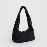 Baggu Meringue Bag Small - Studs. Black nylon shoulder bag with silver studs running up the side seams and handle. 
