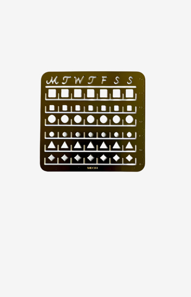Brass Stencil with days of the week and geometric shapes on a white background