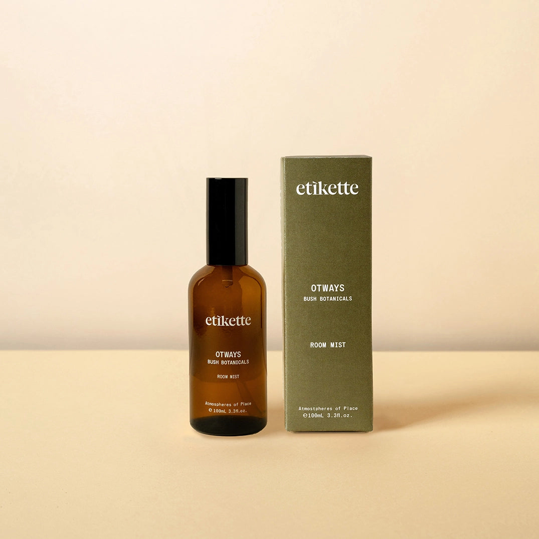 Amber bottle and green box of etikette Otways Room Mist - Simple Beautiful Things