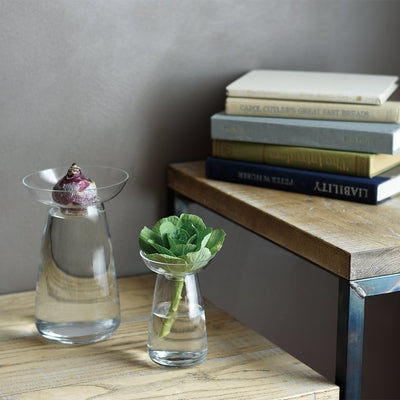 Kinto-aquaculture_large and small clear vase on shelf with books - Simple Beautiful Things